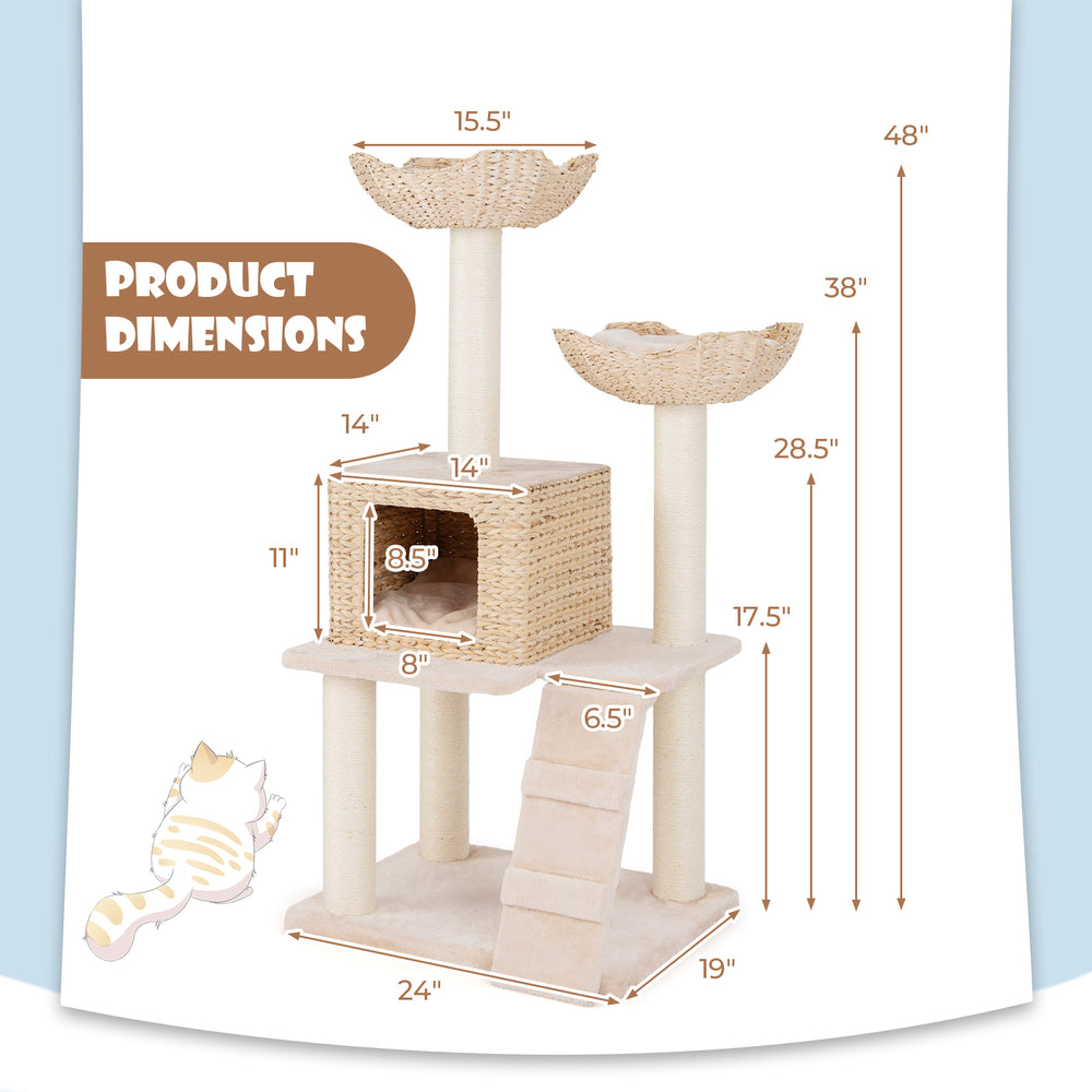 48-inch beige cat tower with sisal scratching posts, top perch, and cozy condo for climbing and lounging.