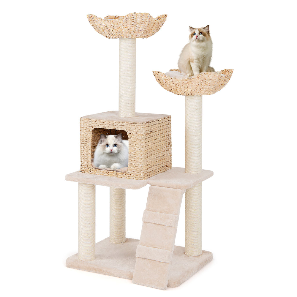 Cattail cat tower with beige cushions, sisal scratching posts, and two perches for climbing and lounging.