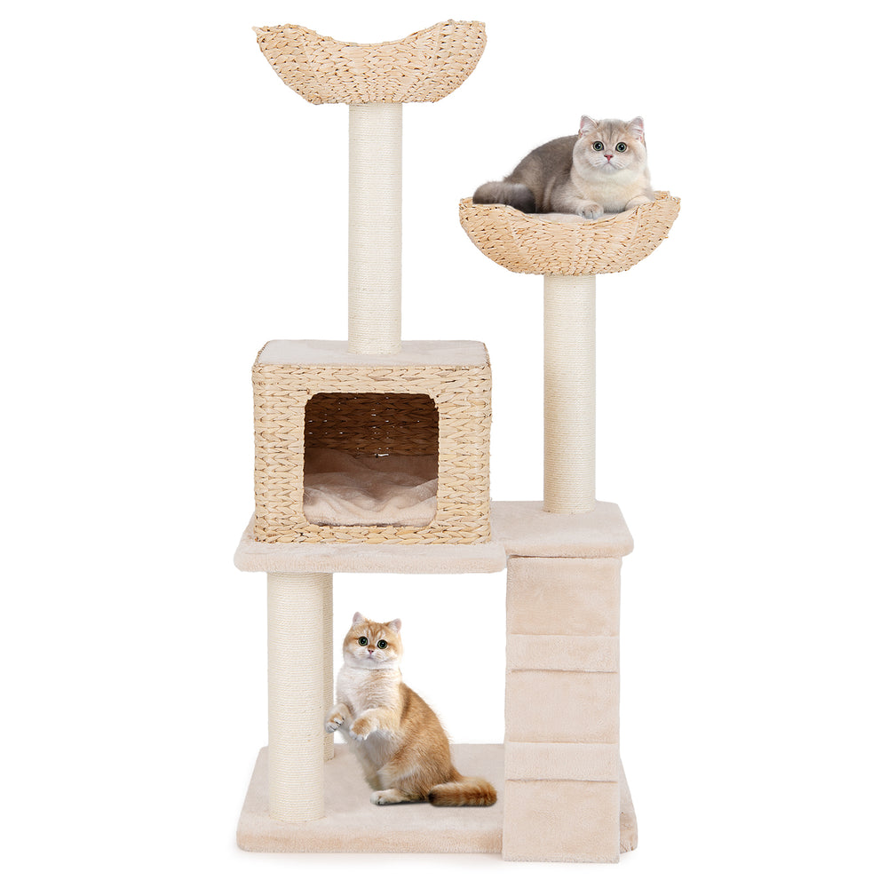 Cat tower featuring a beige design with sisal scratching posts, top perch, and cozy condo for climbing and resting.