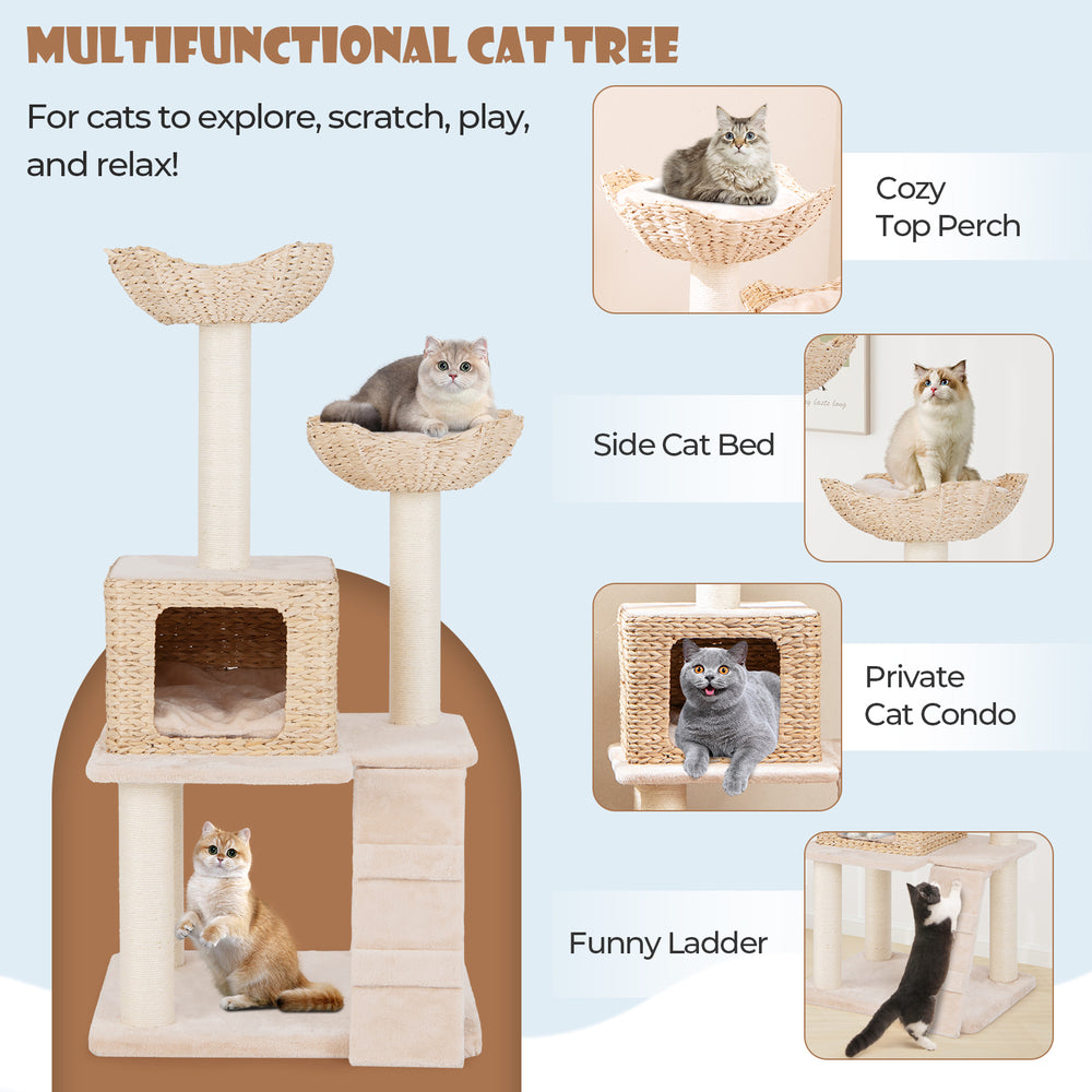 48-inch beige cattail cat tower featuring a cozy top perch, side cat bed, and sisal scratching posts for climbing and.