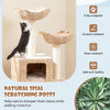48-inch beige cat tower featuring natural sisal scratching posts, top perch, and side bed for climbing and napping.