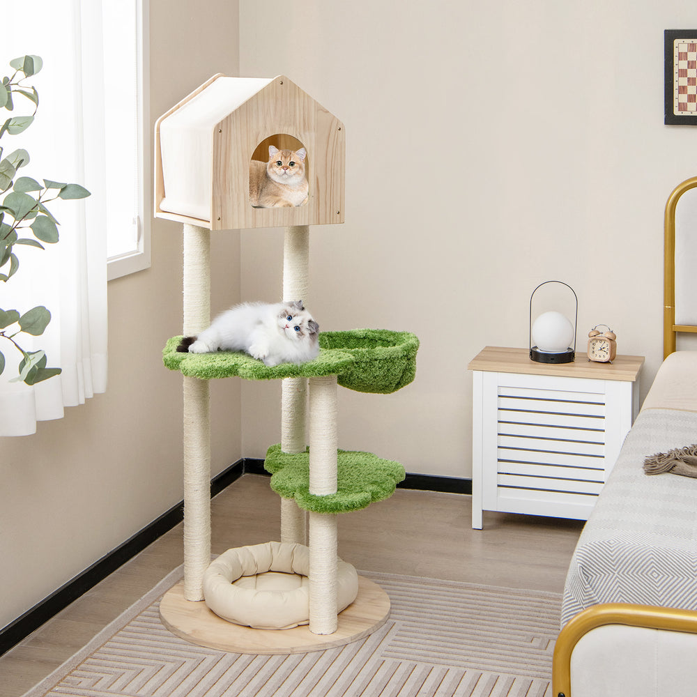 Cat climbing stand showcasing a cozy top perch with soft cushion and green hammock for indoor kittens, 55 inches tall.