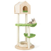 Cat climbing stand with sisal scratching posts, soft green platforms, and cozy hideaway for indoor kittens.