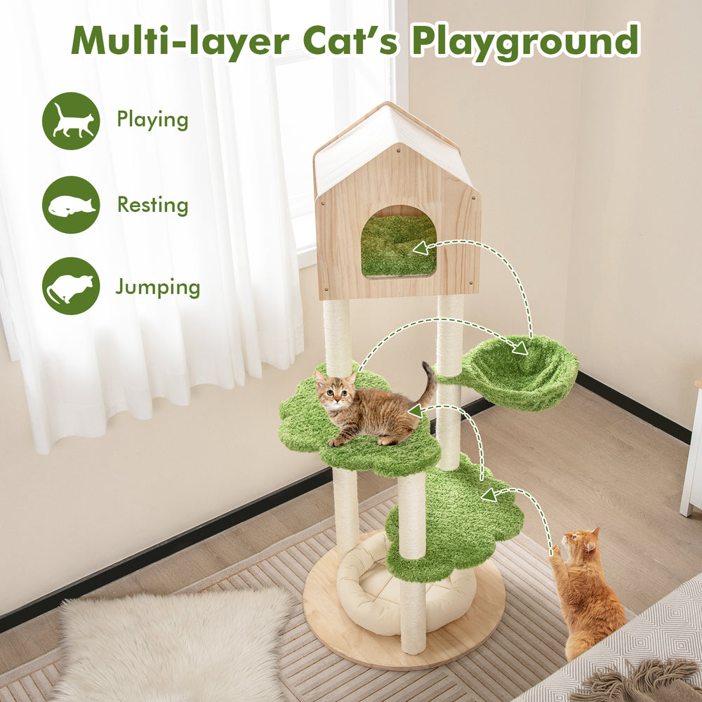 Multi-layer cat climbing stand featuring sisal scratching posts and a soft bed, perfect for indoor kittens in green.