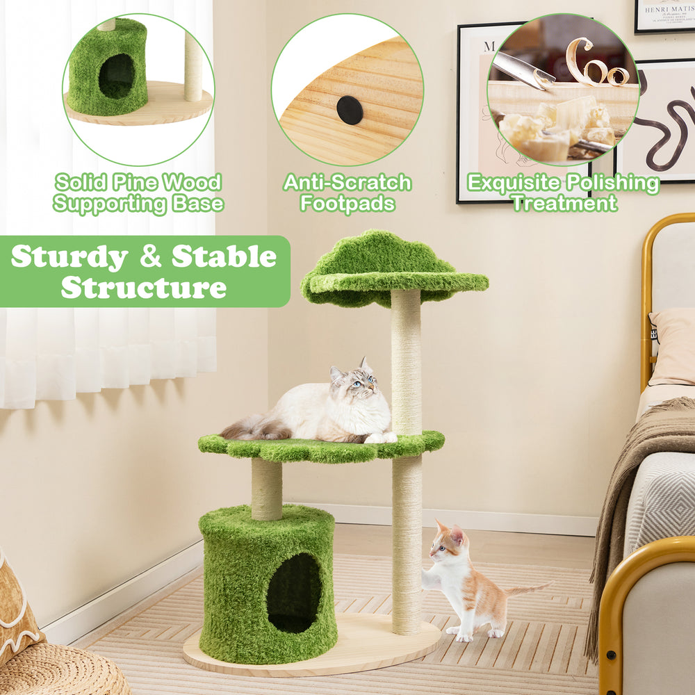Cute 38-inch green cat tree with sisal scratching posts, cozy condo, and bird-watching perch for indoor cats.