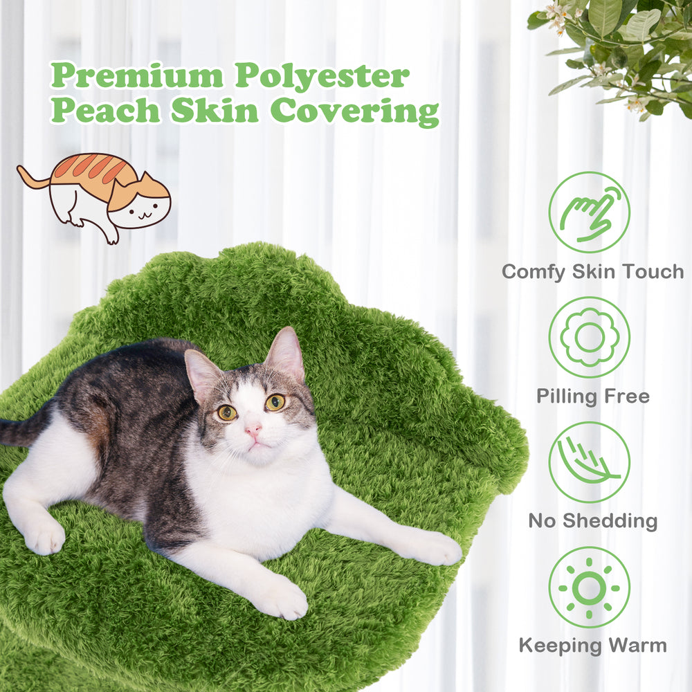 Green cloud-shaped cat tree with cozy polyester peach skin cushion and sisal scratching posts for indoor cats.