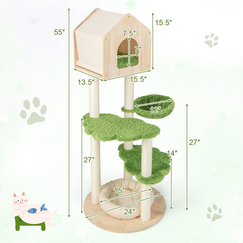 55-inch tall cat climbing stand with sisal scratching posts and soft bed, featuring green platforms and a cozy condo.