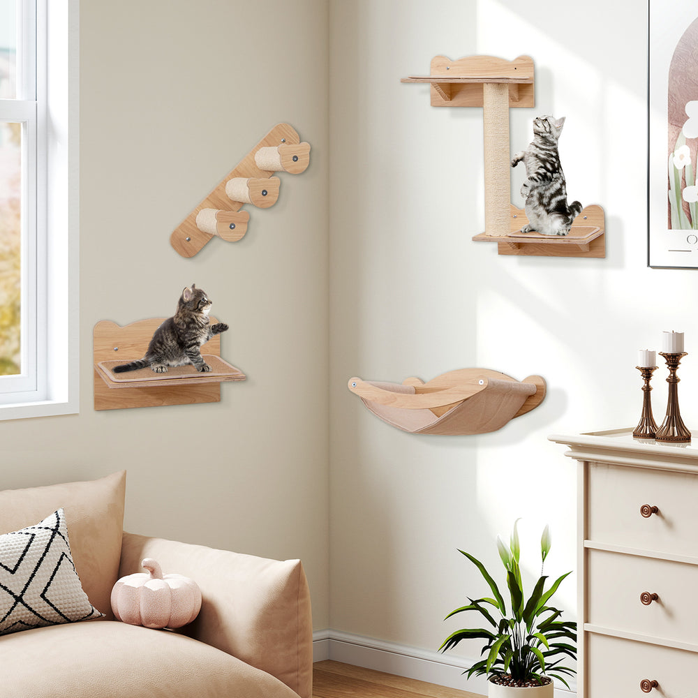 Cat wall furniture set of 4 with hammock, 2-step cat tree, and perch in natural wood for indoor kittens' playtime.