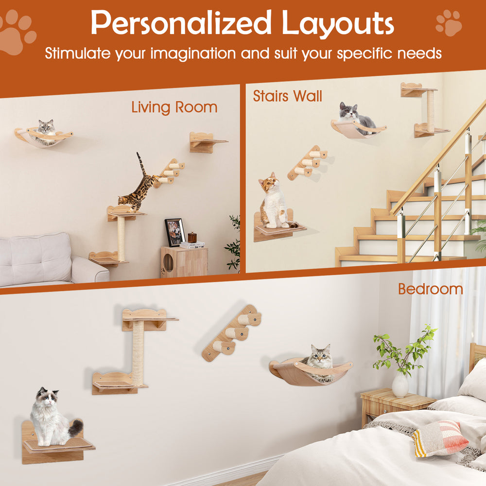 Cat wall furniture set featuring a hammock, 2-step cat tree, and perch for indoor kittens' vertical play and lounging.