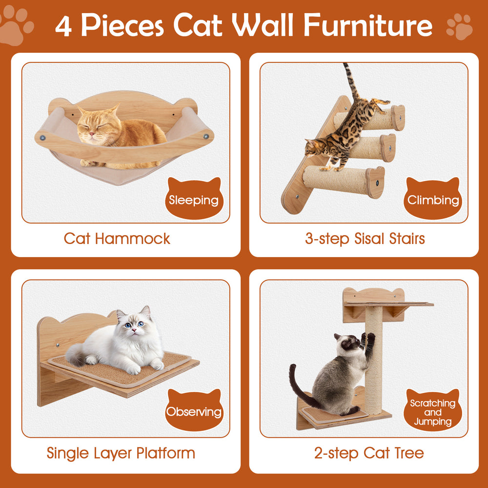 Cat wall furniture set featuring a cozy hammock, 2-step cat tree, and 3-step sisal stairs for indoor play and.