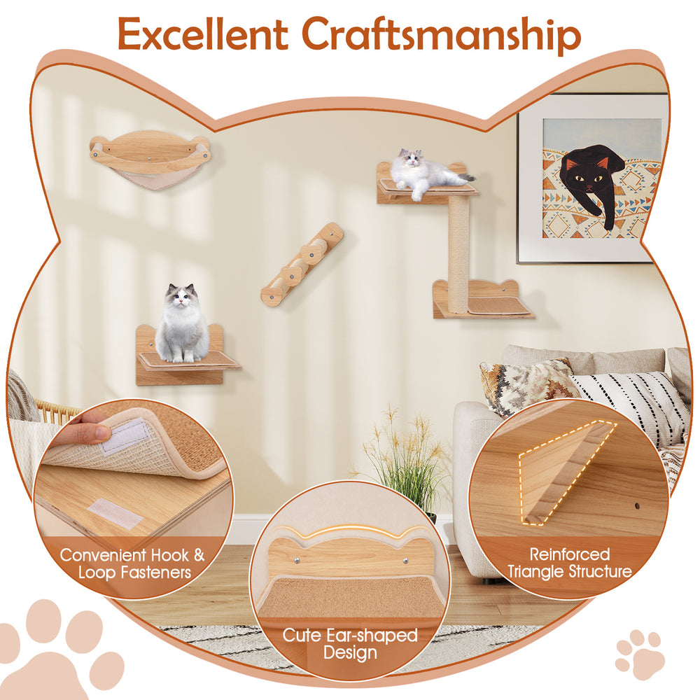 Cat wall furniture set of 4 with hammock, 2-step cat tree, and ear-shaped design for indoor kittens' playtime.