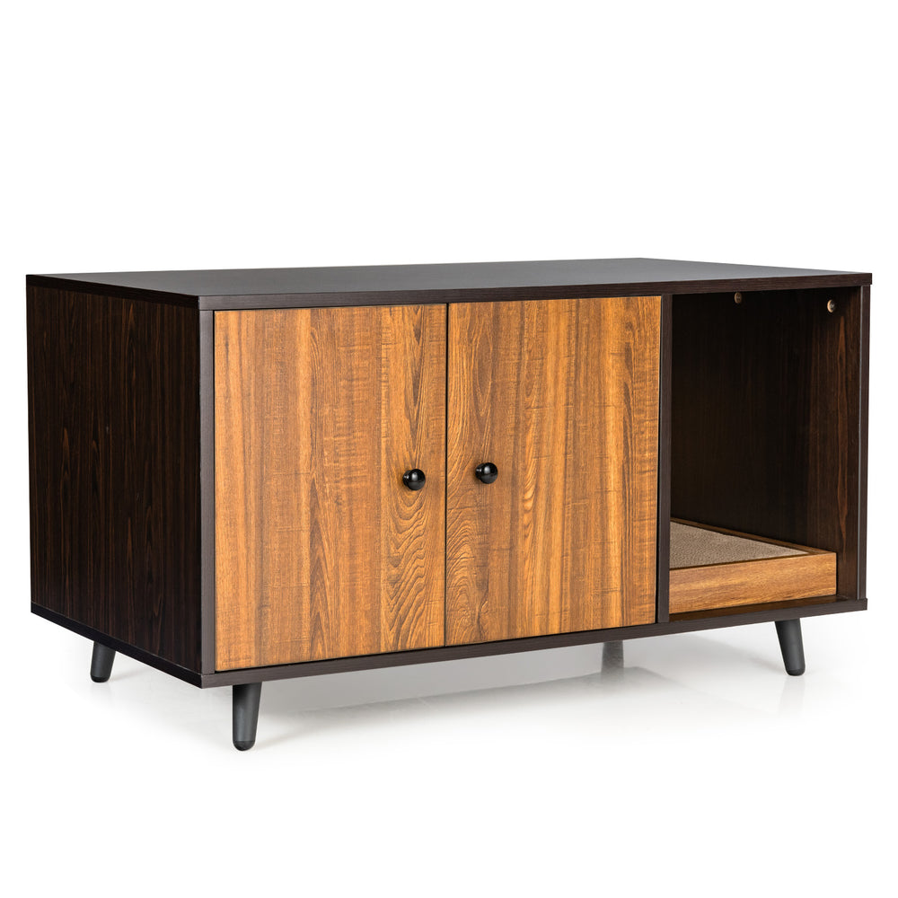 Modern cat litter box enclosure with double doors, coffee finish, and sturdy metal legs for stability and easy cleaning.