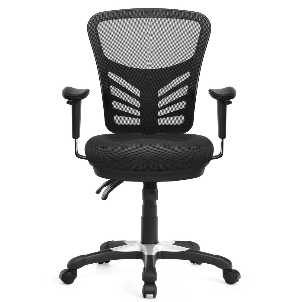 Ergonomic black mesh office chair with adjustable back height and armrests for customizable comfort and support.