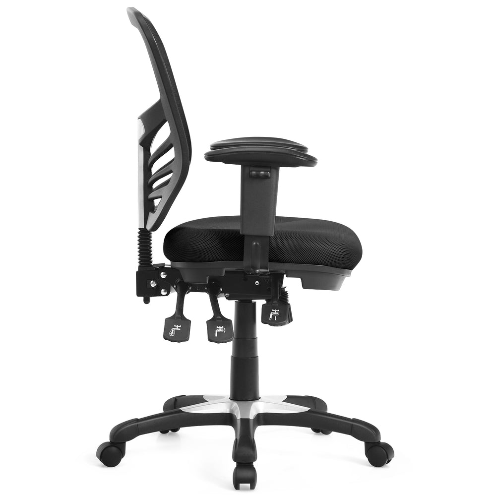 Ergonomic mesh office chair in black with adjustable back height and armrests for customizable comfort and support.