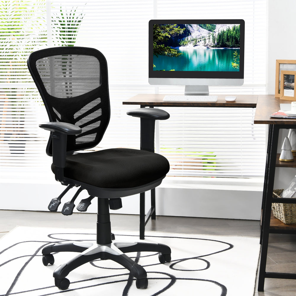 Ergonomic black mesh office chair with adjustable height, armrests, and backrest for optimal comfort and support.