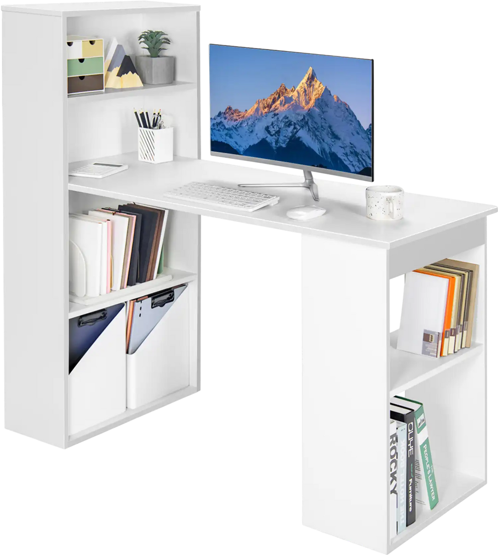 Compact white computer desk with 6-tier storage shelves, ideal for home or office organization and workspace efficiency.