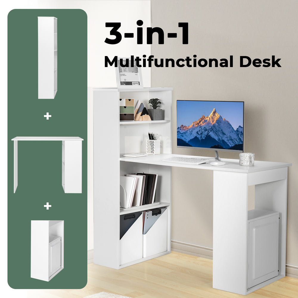 3-in-1 multifunctional desk in white with large desktop, 6-tier storage shelves for efficient organization in home or.