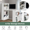 Compact white computer desk with 6-tier storage shelves, ideal for organizing office supplies in small spaces.