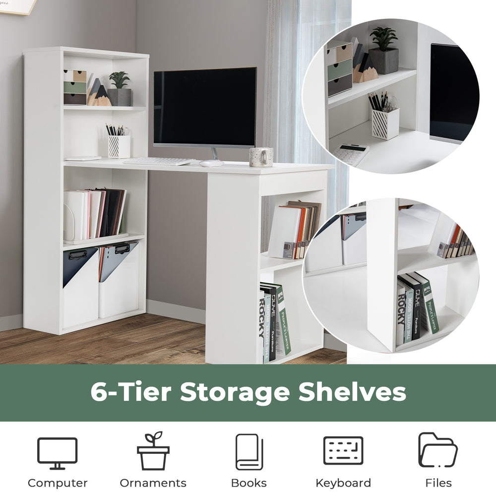 Compact white computer desk with 6-tier storage shelves, ideal for organizing office supplies in small spaces.