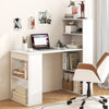White computer desk with a large surface and 2-tier shelf, designed for efficient organization in small spaces.