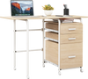 Folding computer desk with three drawers and wheels, designed for space-saving in home or office use.