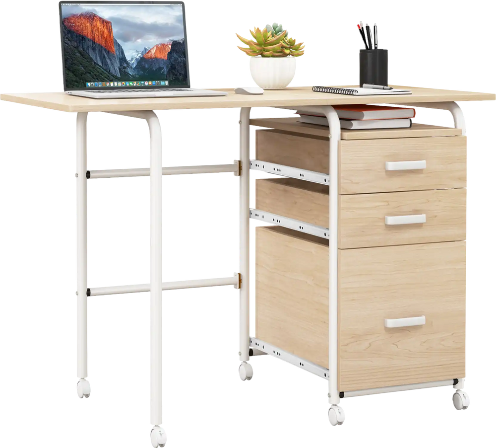 Folding computer desk with three drawers and wheels, designed for space-saving in home or office use.
