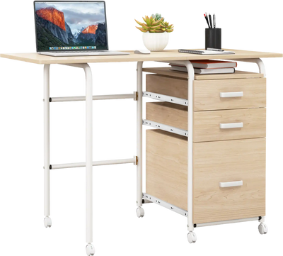 Costway Folding Computer Laptop Desk w/ 3 Drawers Wheeled 43652978 New