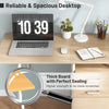 Folding computer desk with spacious natural wood surface, three drawers, and six wheels for easy mobility in home.