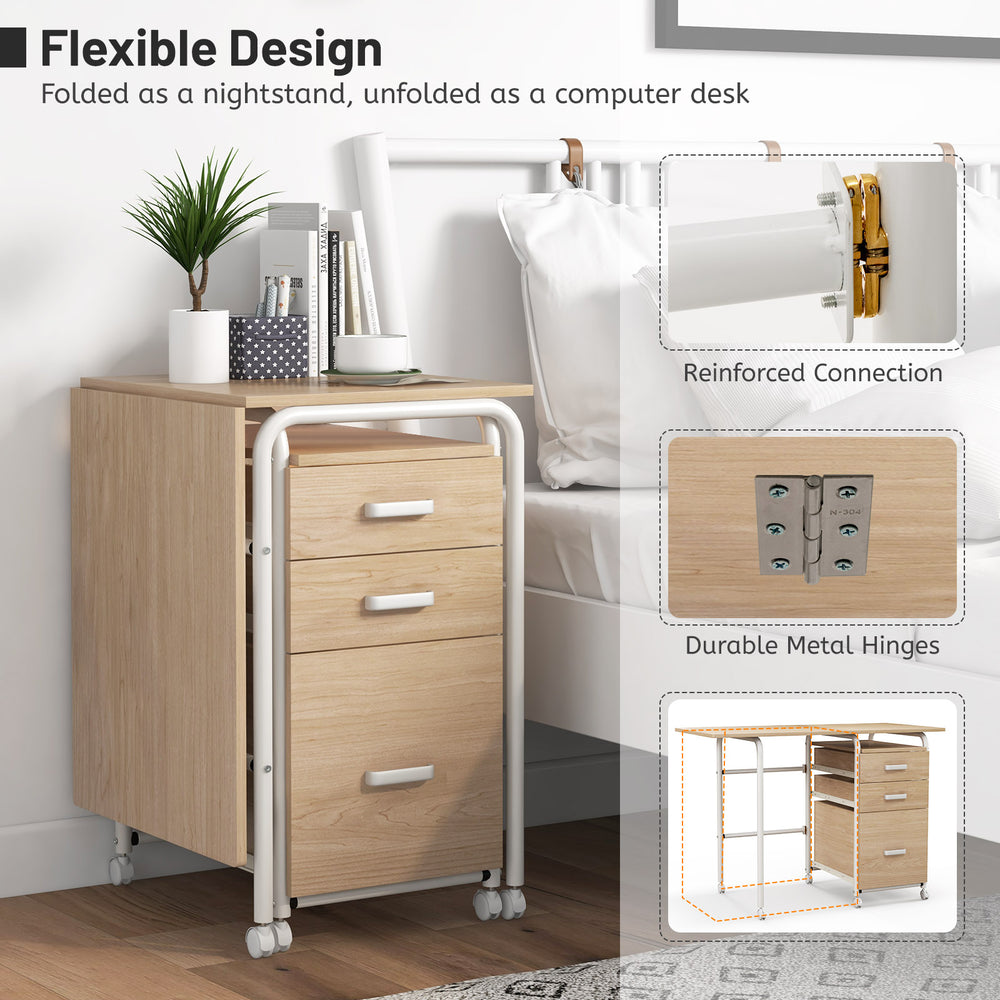 Folding computer desk in natural wood finish with a modern design, perfect as a nightstand or workspace in small areas.