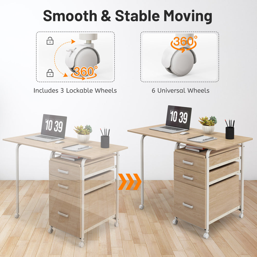 Folding computer desk with three drawers and six wheels, designed for easy movement and space-saving in home offices.