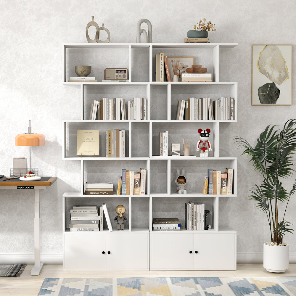 S-shaped freestanding bookshelf in white showcasing 5 open shelves, ideal for stylish storage in bedrooms or home.