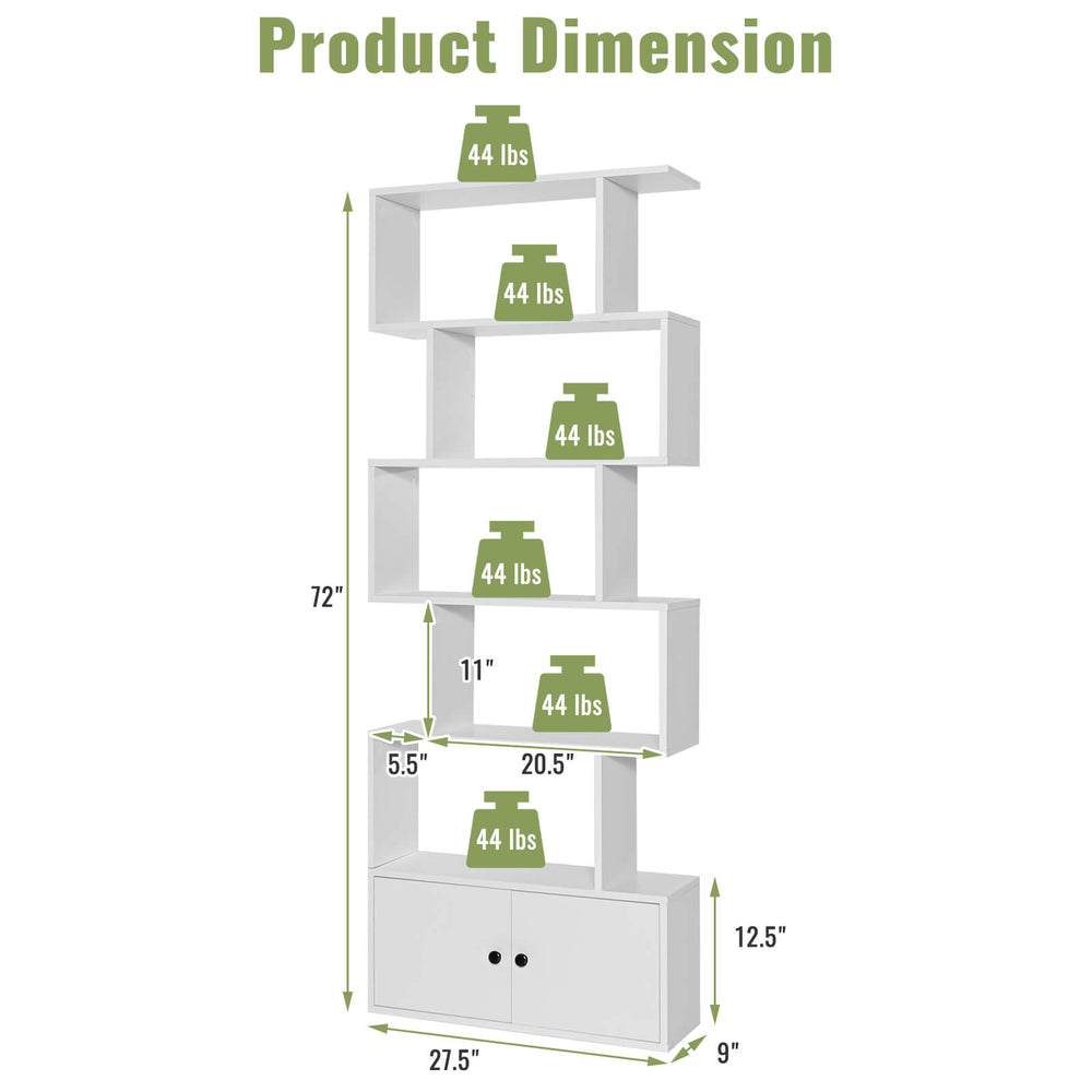 S-shaped 6-tier freestanding bookshelf in white with a closed cabinet, designed for ample storage in any room.
