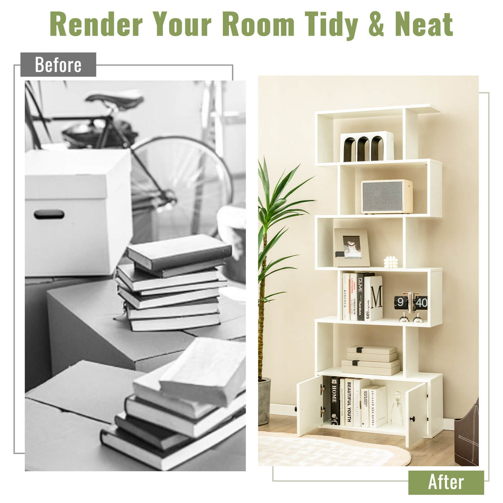 6-tier S-shaped freestanding bookshelf in white with cabinet doors, perfect for organizing books in living rooms or.