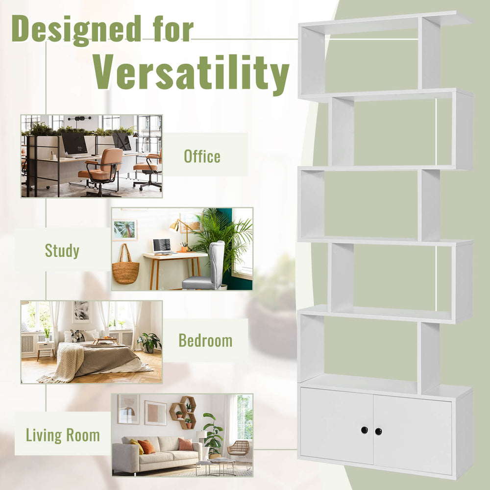 6-tier S-shaped freestanding bookshelf in white with open shelves and cabinet, perfect for versatile home office or.