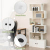 S-shaped 6-tier freestanding bookshelf in white with open shelves and cabinet, featuring a waterproof surface and.