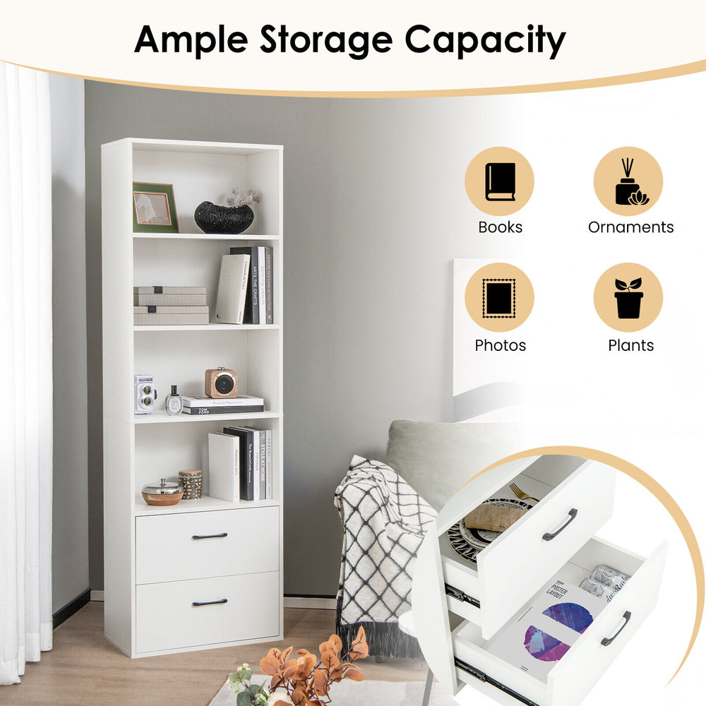 Tall white 6-tier freestanding bookshelf with 4 open shelves and 2 drawers, ideal for home or office storage.