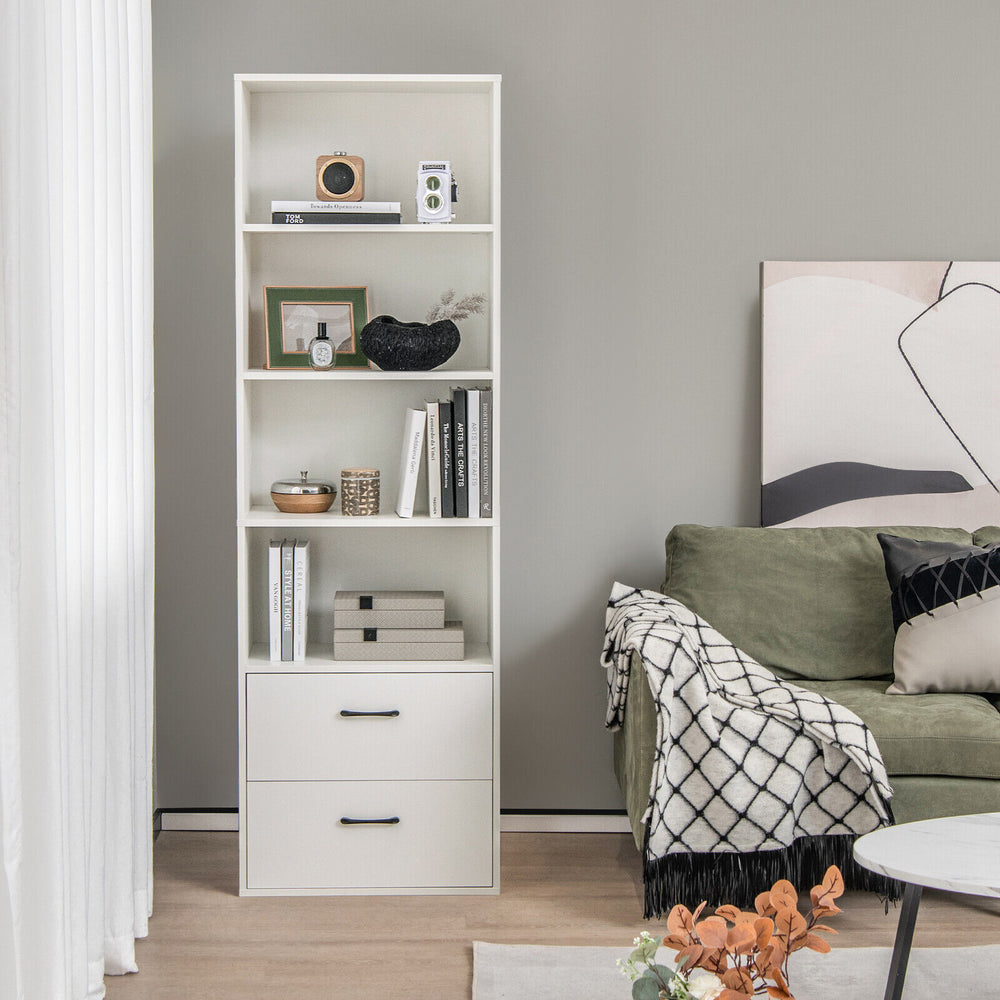 6-Tier Tall Freestanding Bookshelf with 4 Open Shelves and 2 Drawers-White - Gallery View 1 of 10