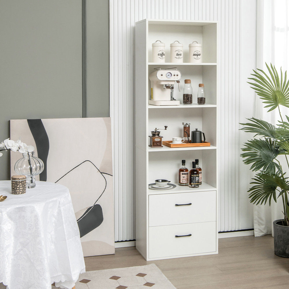 Tall white freestanding bookshelf with 4 open shelves and 2 drawers, ideal for home or office storage solutions.