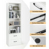 Tall white freestanding bookshelf with 4 open shelves and 2 drawers, featuring premium metal slides and non-slip foot.