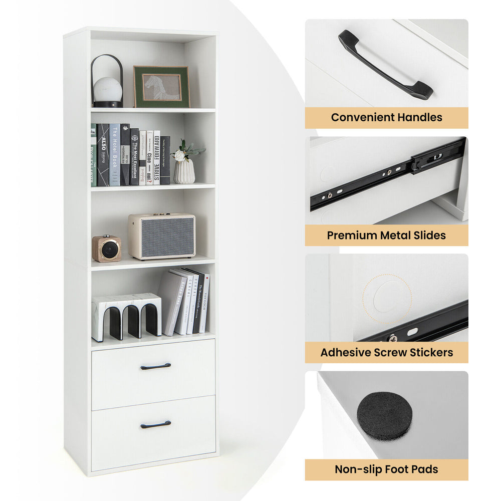 Tall white freestanding bookshelf with 4 open shelves and 2 drawers, featuring premium metal slides and non-slip foot.