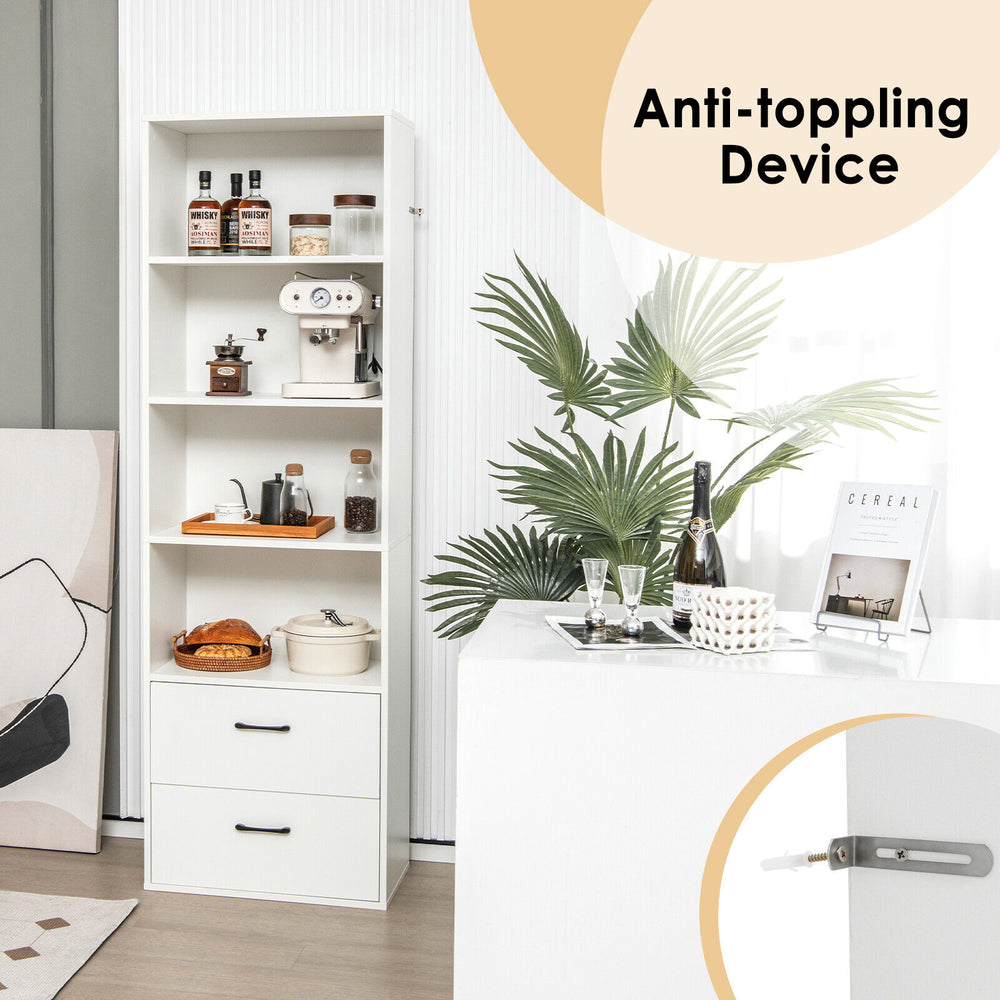 6-tier tall freestanding bookshelf in white with 4 open shelves and 2 drawers, featuring an anti-toppling device for.