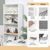 6-tier tall freestanding bookshelf in white with 4 open shelves and 2 drawers, ideal for home or office storage.