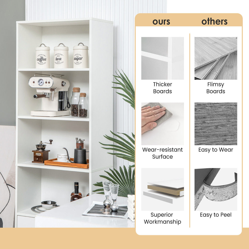 6-tier tall freestanding bookshelf in white with 4 open shelves and 2 drawers, ideal for home or office storage.
