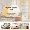 Tall freestanding white bookshelf with 4 open shelves and 2 drawers, ideal for modern home or office storage.