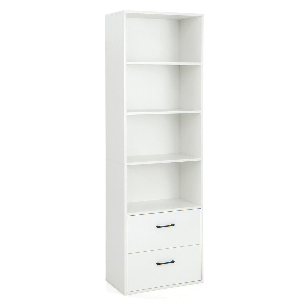 Sleek white 6-tier bookshelf featuring 4 open shelves and 2 drawers, perfect for stylish and functional storage.