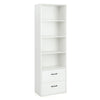 Sleek white 6-tier bookshelf featuring 4 open shelves and 2 drawers, perfect for stylish and functional storage.