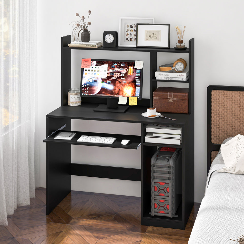 Home Office Computer Desk with Bookcase Keyboard Tray and CPU Stand-Black - Gallery View 1 of 10