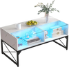 Center table with faux marble and tempered glass top featuring built-in LED lights, ample storage, and a sleek metal.