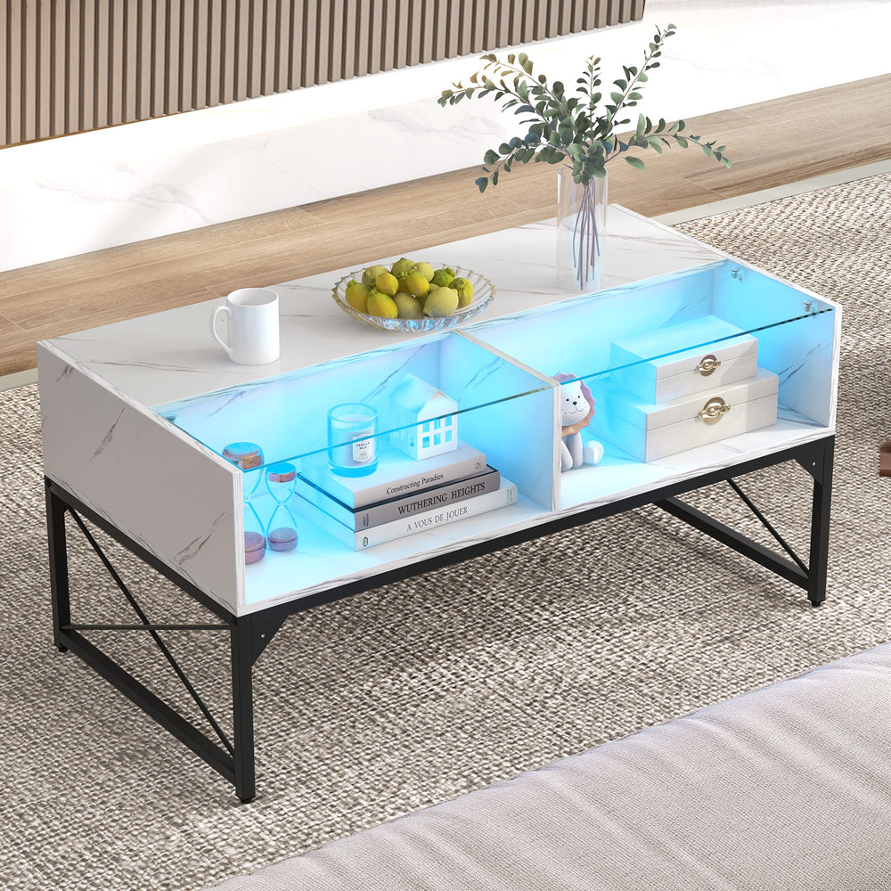 Center Table with Faux Marble and Tempered Glass Top-White - Gallery View 1 of 11