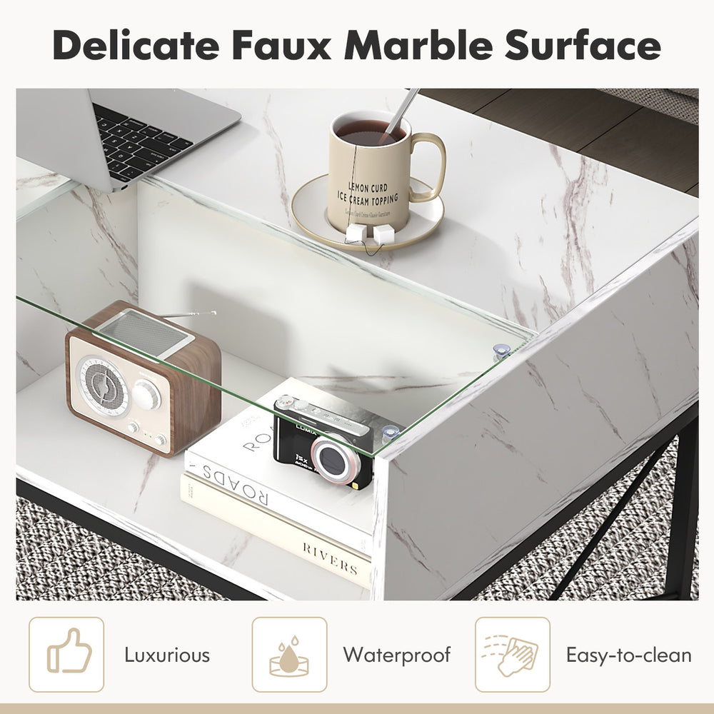 Center table featuring a high-gloss faux marble surface and tempered glass top, perfect for stylish living spaces.